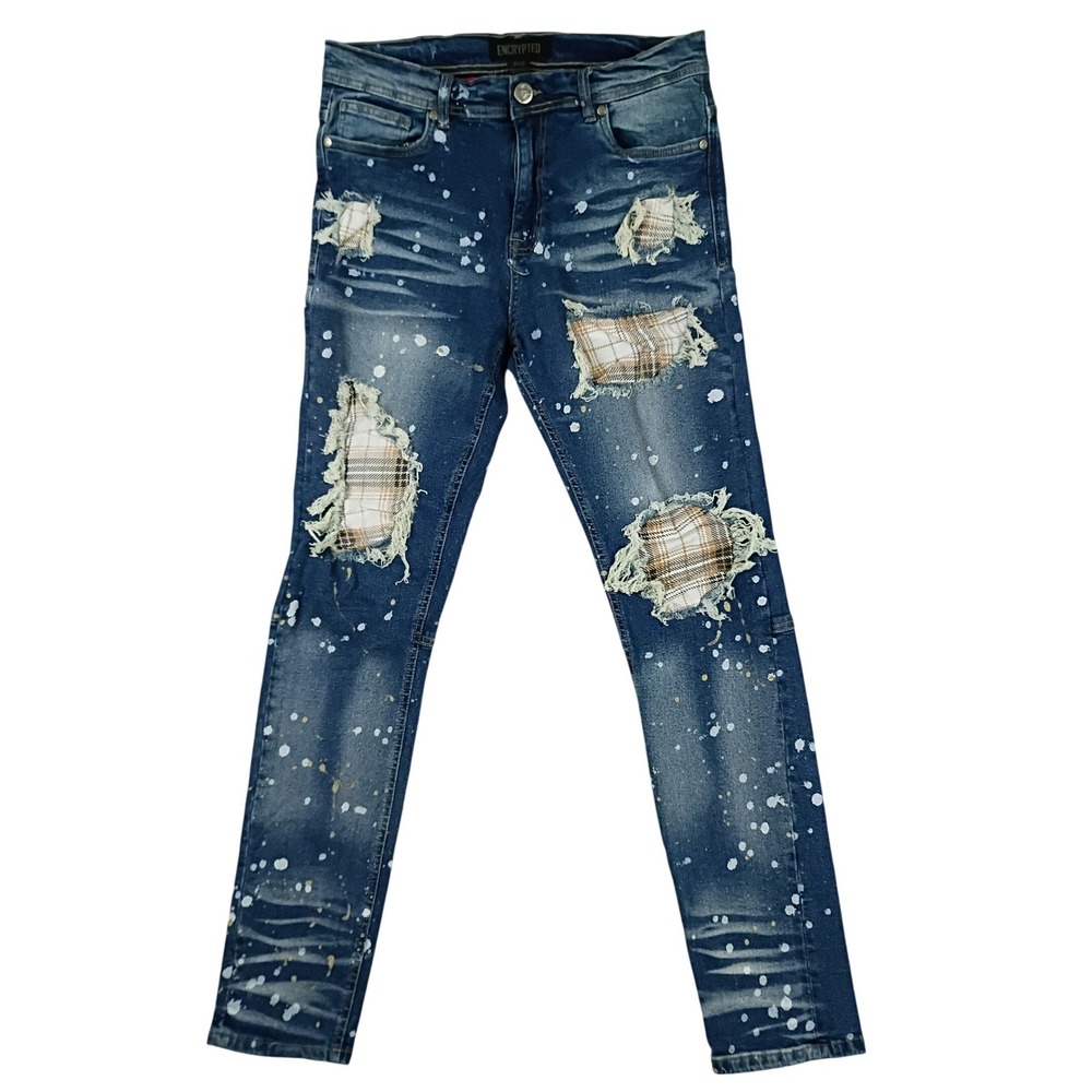 Encrypted Distressed Paint Splatter Jeans Mens 33X32 Blue Plaid Patch Streetwear
